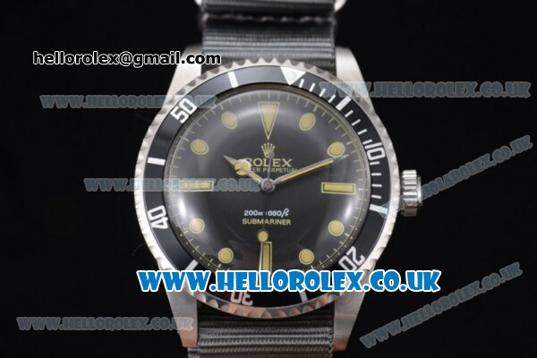 Rolex Submariner Vintage Asia 2813 Automatic Steel Case with Black Dial Grey Nylon Strap and Dot Markers - Click Image to Close